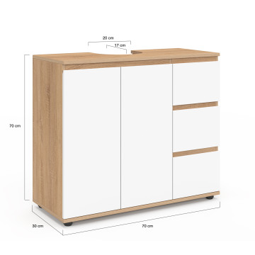 Meuble sous vasque Tom effet hêtre placards blancs