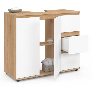 Meuble sous vasque Tom effet hêtre placards blancs