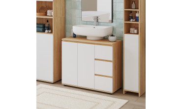 Meuble sous vasque Tom effet hêtre placards blancs