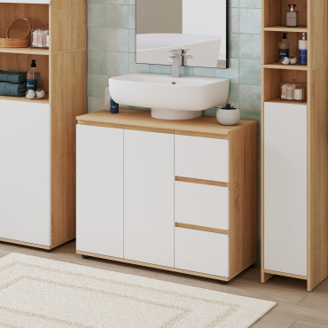 Meuble sous vasque Tom effet hêtre placards blancs