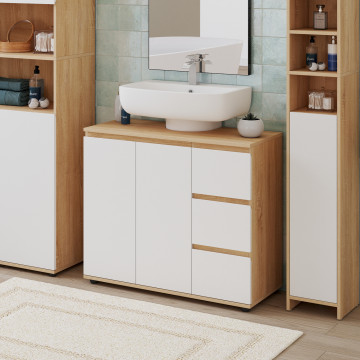 Meuble sous vasque Tom effet hêtre placards blancs