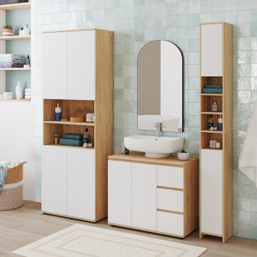 Meuble sous vasque Tom effet hêtre placards blancs