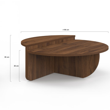 Tables basses rondes asymétriques effet bois noyer