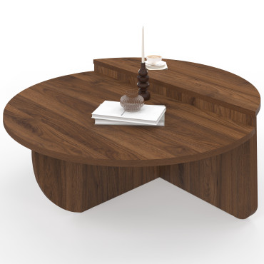 Tables basses rondes asymétriques effet bois noyer