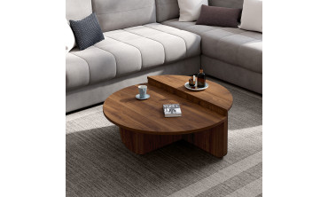 Tables basses rondes asymétriques effet bois noyer