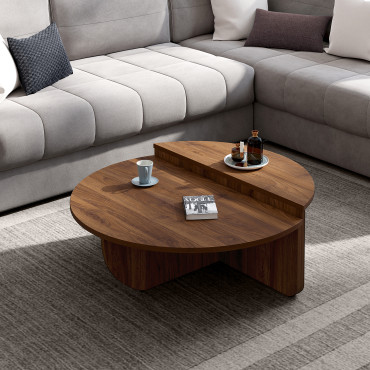 Tables basses rondes asymétriques effet bois noyer