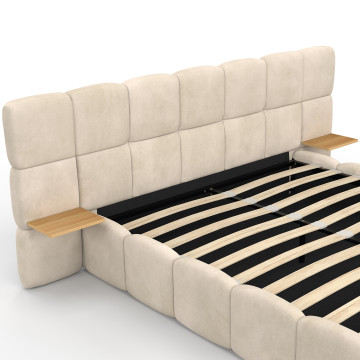 Lit coffre Bubble 140x190cm velours beige chevets intégrés