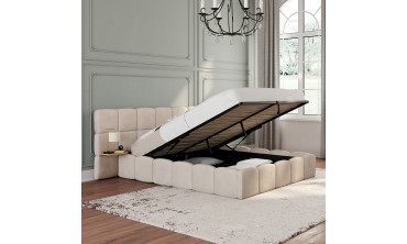 Lit coffre Bubble 140x190cm velours beige chevets intégrés
