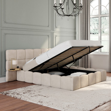 Lit coffre Bubble 140x190cm velours beige chevets intégrés