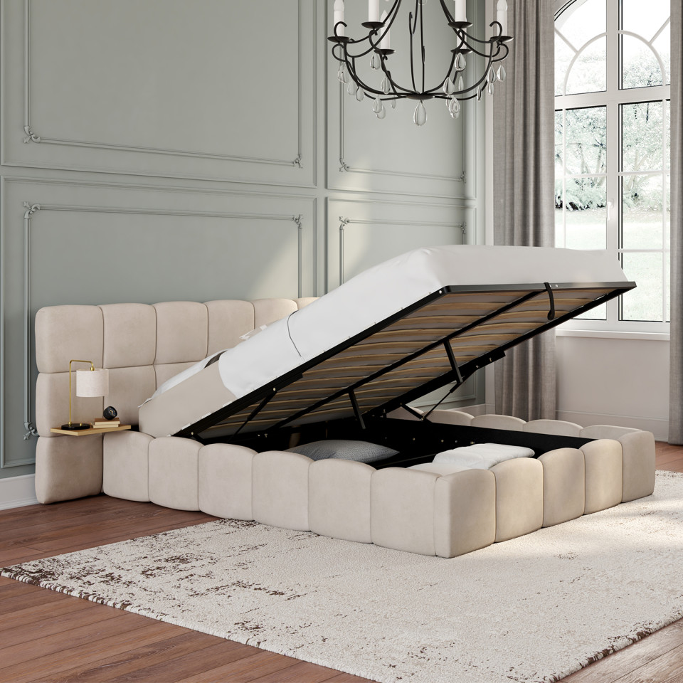 Lit coffre Bubble 140x190cm velours beige chevets intégrés