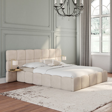 Lit coffre Bubble 140x190cm velours beige chevets intégrés