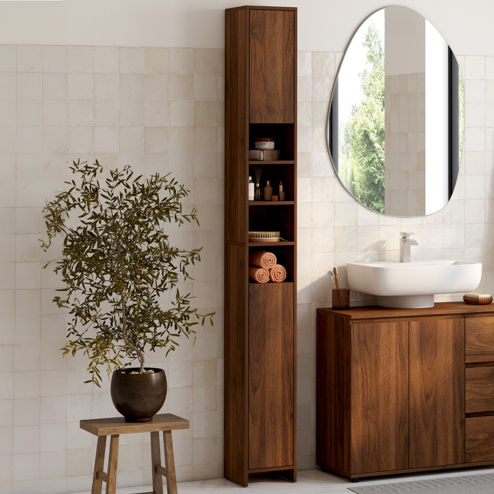 Colonne salle de bain Tom effet noyer 2 portes 4 niches