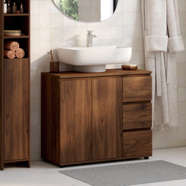 Meuble sous vasque Tom effet noyer placards et tiroirs