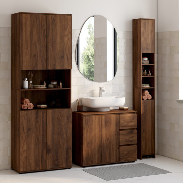 Meuble sous vasque Tom effet noyer placards et tiroirs