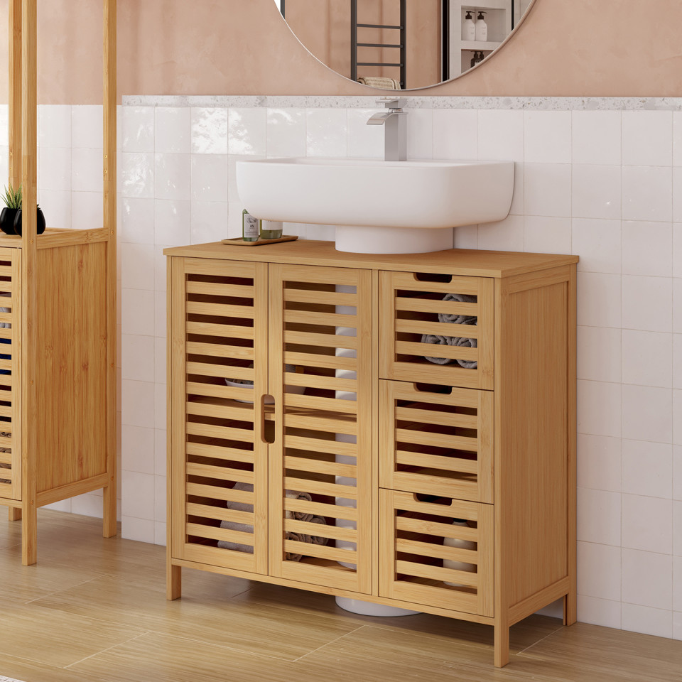 Meuble sous vasque Maya bambou placards et tiroirs