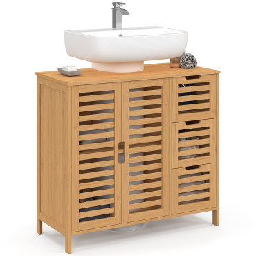 Meuble sous vasque Maya bambou placards et tiroirs