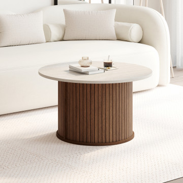 Table basse ronde Albane effet noyer et travertin Ø70cm