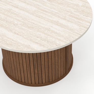 Table basse ronde Albane effet noyer et travertin Ø70cm