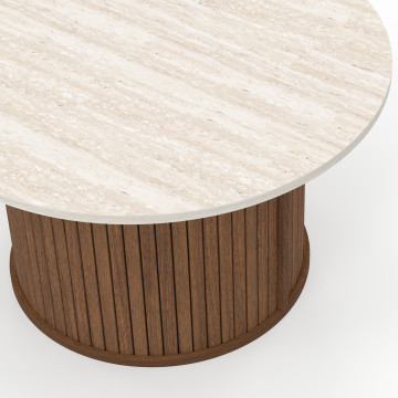 Table basse ronde Albane effet noyer et travertin Ø70cm