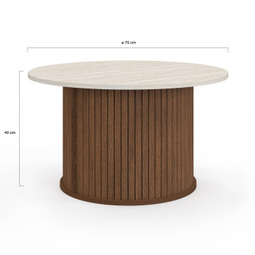 Table basse ronde Albane effet noyer et travertin Ø70cm