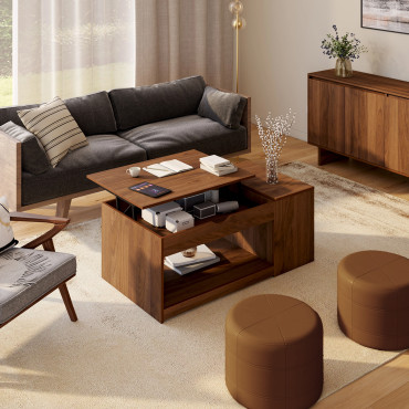 Table basse Elina relevable coffre latéral bois effet noyer