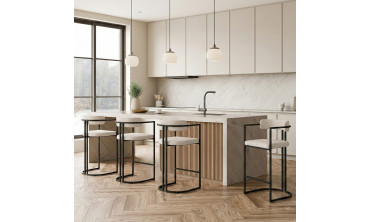 Tabourets de bar Rudy chenille écru pieds métal - lot de 4