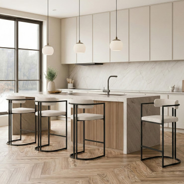 Tabourets de bar Rudy chenille écru pieds métal - lot de 4