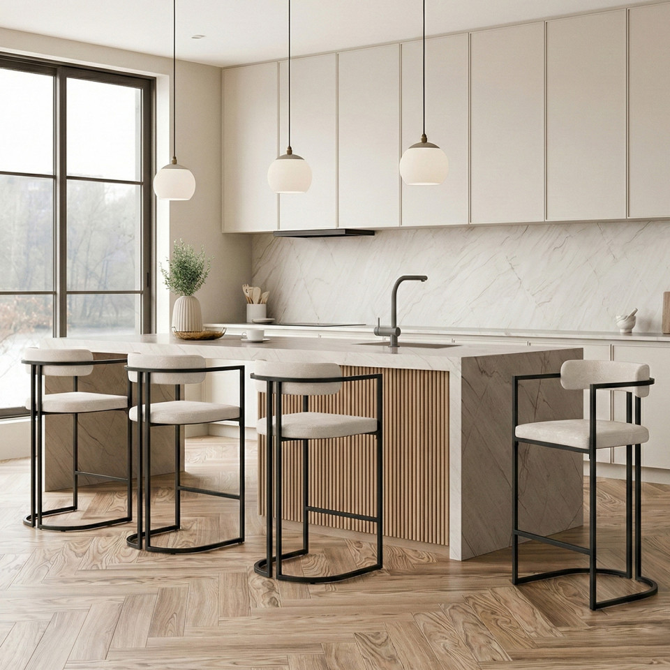 Tabourets de bar Rudy chenille écru pieds métal - lot de 4