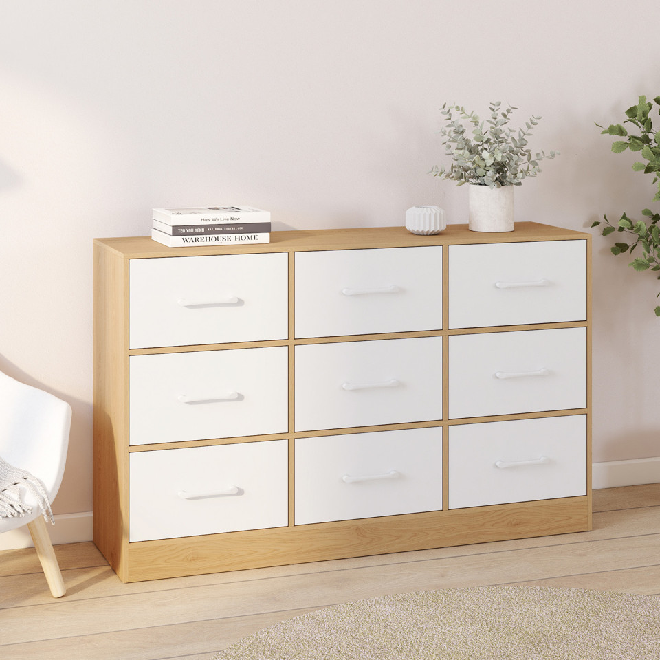 Commode Uma 9 tiroirs bois et blanc