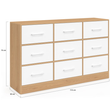 Commode Uma 9 tiroirs bois et blanc