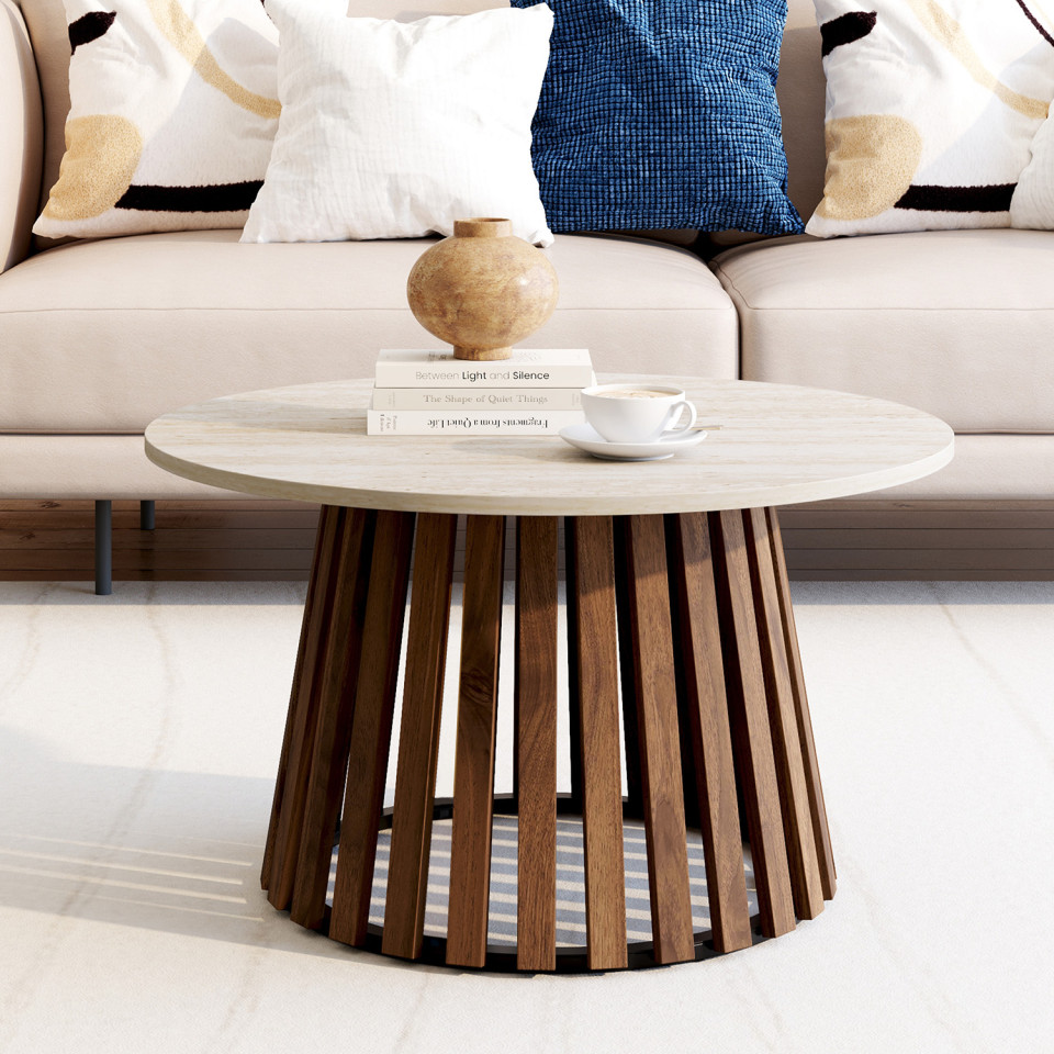 Table basse ronde Camélia effet travertin Ø70cm