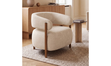 Fauteuil Albin tissu chenille beige et pieds noyer