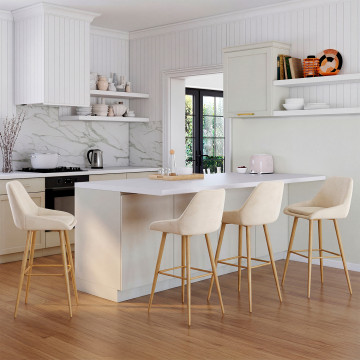 Tabourets de bar Olivia velours crème pieds effet bois - lot de 4