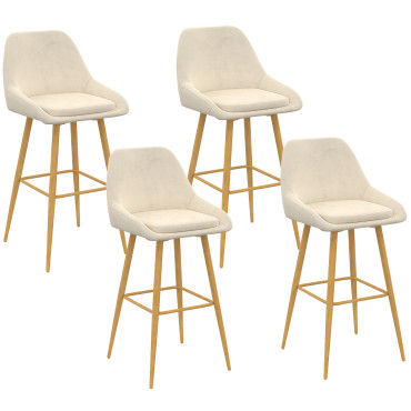 Tabourets de bar Olivia velours crème pieds effet bois - lot de 4