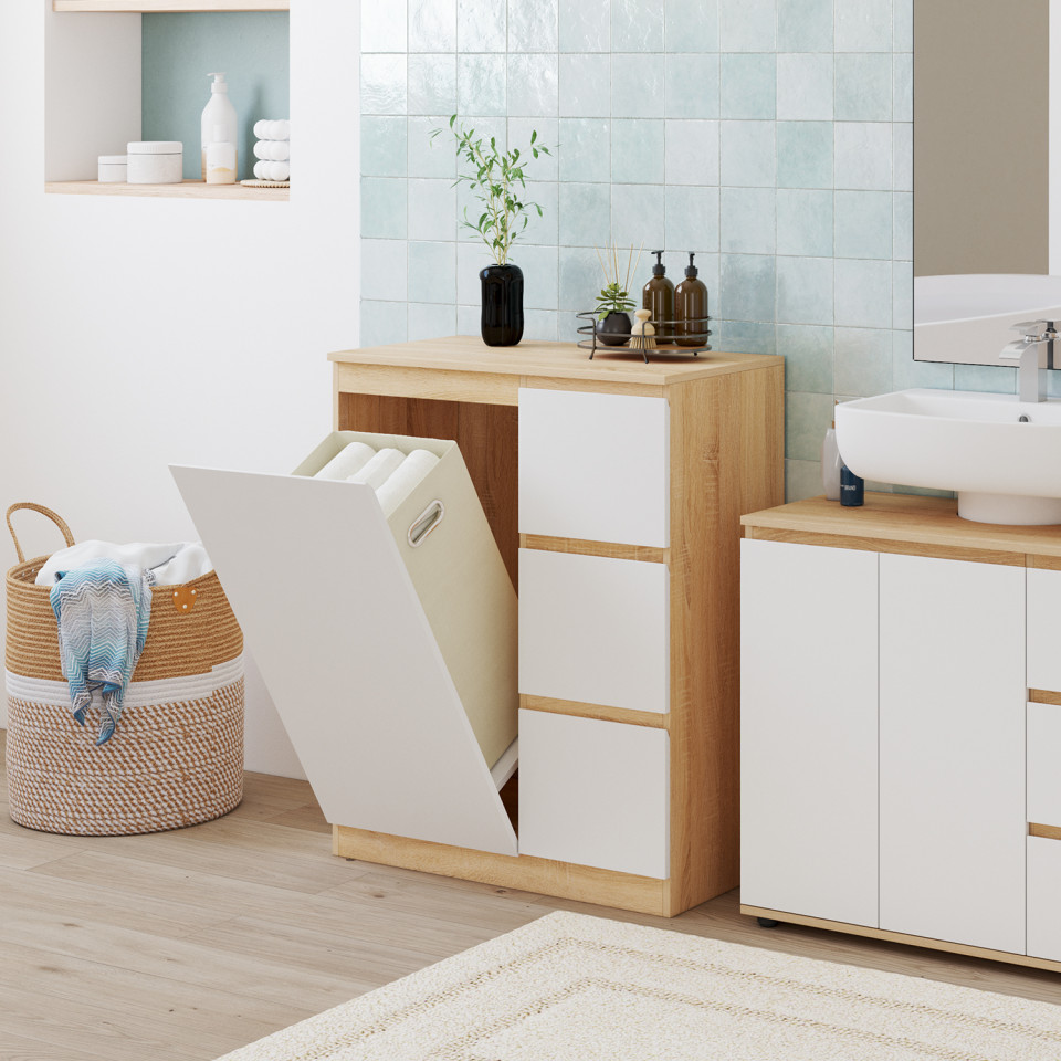 Meuble de rangement salle de bain Tom avec panier à linge