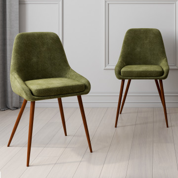 Chaises Olivia velours chenille vert pieds métal effet noyer - lot de 4