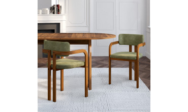 Chaises Elsa avec accoudoirs tissu chenille vert pieds effet noyer - lot de 4