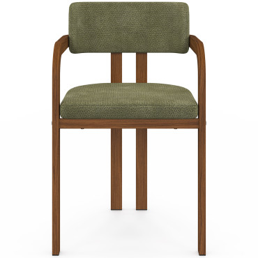 Chaises Elsa avec accoudoirs tissu chenille vert pieds effet noyer - lot de 4
