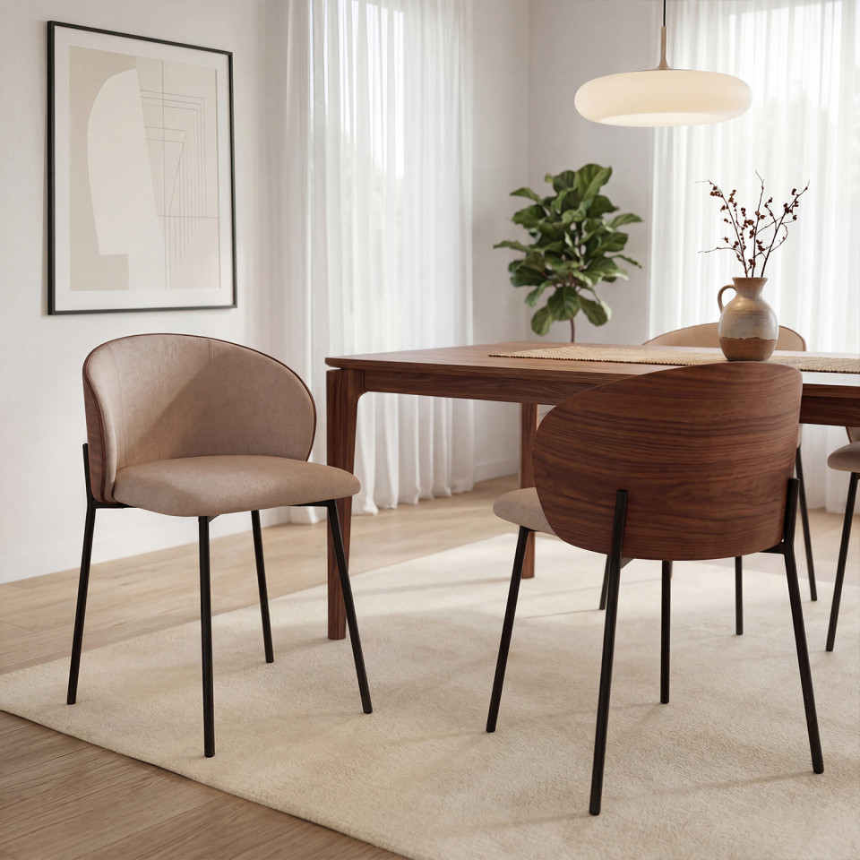 Chaises Poppy tissu taupe dossier effet noyer - lot de 4