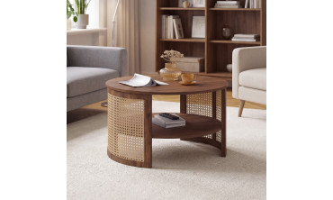 Table basse ronde Eve cannage effet noyer Ø70cm