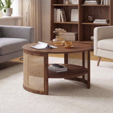 Table basse ronde Eve cannage effet noyer Ø70cm