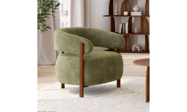 Fauteuil Albin tissu chenille vert et pieds noyer