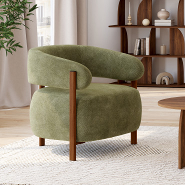 Fauteuil Albin tissu chenille vert et pieds noyer