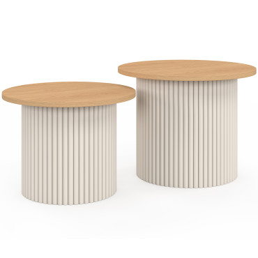 Tables basses rondes gigognes Kara beige effet cannelé - lot de 2