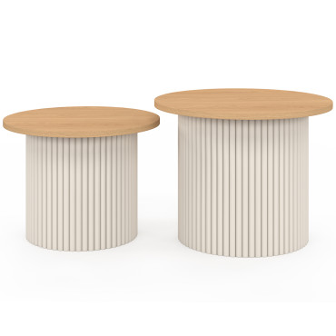 Tables basses rondes gigognes Kara beige effet cannelé - lot de 2