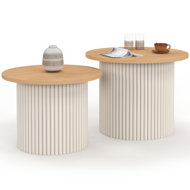 Tables basses rondes gigognes Kara beige effet cannelé - lot de 2