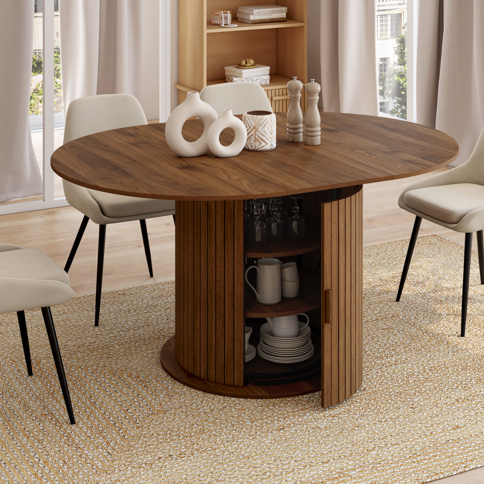 Table à manger ronde extensible Albane effet hêtre avec rangement Ø110-150cm