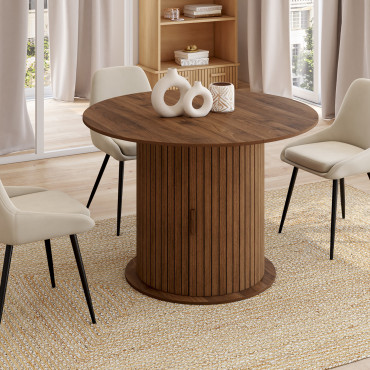 Table à manger ronde extensible Albane effet hêtre avec rangement Ø110-150cm