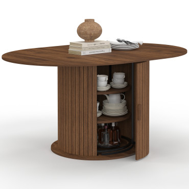 Table à manger ronde extensible Albane effet hêtre avec rangement Ø110-150cm