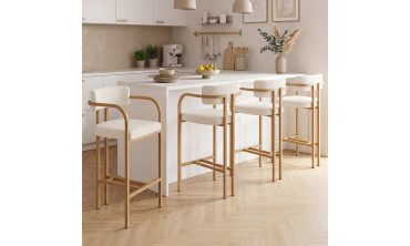 Tabourets de bar Elsa bouclette blanche pieds effet bois - lot de 4